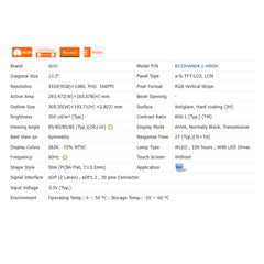 13.3“ 16:9 No Touch Brand New AUO 1920*1080 Laptop LCD Screen Module 800:1 EDP 30Pins B133HAN04.1 HW1A/0A/2A