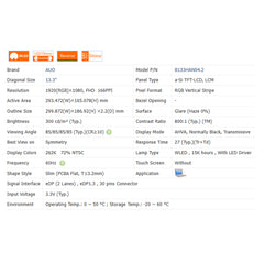 13.3“ 16:9 No Touch Brand New AUO 1920*1080 Laptop LCD Screen Module 800:1 EDP 30Pins B133HAN04.9/2/4/6/A/3