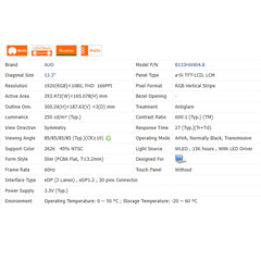 13.3“ 16:9 No Touch Brand New AUO 1920*1080 Laptop LCD Screen Module 600:1 EDP 30Pins B133HAN04.B