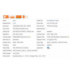 13.3“ 16:9 No Touch Brand New AUO 1920*1080 Laptop LCD Screen Module 600:1 EDP 30Pins B133HAN06.0 HW0A/B