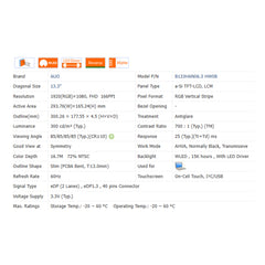 13.3“ On-Cell Touch, I²C/USB, Brand New 1920*1080 Laptop LCD Screen Module EDP 40Pins B133HAN06.3 HW0B