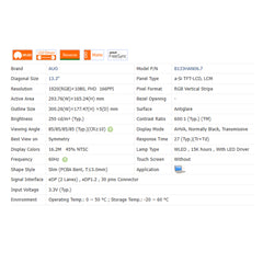13.3“ 16:9 No Touch Brand New AUO 1920*1080 Laptop LCD Screen Module 600:1 EDP 30Pins B133HAN06.7