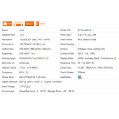 13.3“ 16:9 No Touch Brand New AUO 1920*1080 Laptop LCD Screen Module 800:1 EDP 40Pins B133HAN06.8/1/5/6