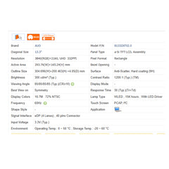 13.3“ PCAP, I²C, Brand New 3840*2160 Laptop LCD Screen Module EDP 40Pins B133ZAT02.0