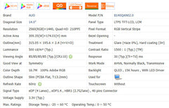14.0“ No Touch 16:9 New 2560*1440 Laptop LCD Screen Module 1500:1  EDP 30Pins B140QAN02.0