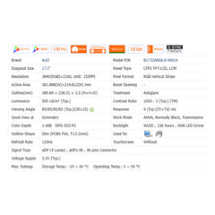 17.3“ No Touch Brand New 3840*2160 Laptop LCD Screen Module EDP 40Pins B173ZAN06.8 HW0A/1A/2A/3A/4A
