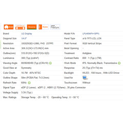 14.0“ No Touch 16:9 New 1920*1080 Laptop LCD Screen Module 800:1  EDP 30Pins LP140WFH-SPB1/P1/P2