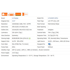 14.0“ No Touch 16:9 New 1920*1080 Laptop LCD Screen Module 700:1  EDP 30Pins LP140WFH-SPD1/3/5/6/7/8