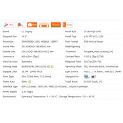 14.0“ 2560*1600  On-Cell Touch, I²C 16:10 LG Brand New 1200:1  Laptop LCD Screen Module EDP 40Pins LP140WQA-SPB1