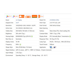 14.0“ No Touch 16:10 New 1920*1200 Laptop LCD Screen Module 1000:1  EDP 30Pins LP140WU1-SPA1