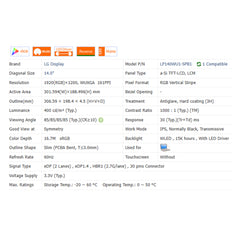 14.0“ No Touch 16:10 New 1920*1200 Laptop LCD Screen Module 1000:1  EDP 30Pins LP140WU1-SPB1/SPB2