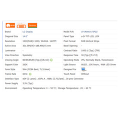 14.0“ No Touch 16:10 New 1920*1200 Laptop LCD Screen Module 1000:1  EDP 30Pins LP140WU1-SPD1/SPD2