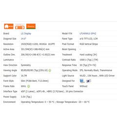 14.0“ No Touch 16:10 New 1920*1200 Laptop LCD Screen Module 1000:1  EDP 30Pins LP140WU1-SPH1/SPH2