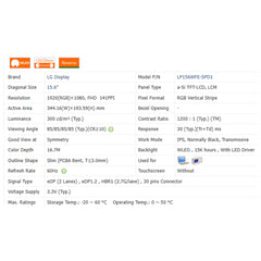 15.6“ No Touch 16:9 LG Brand New 1920*1080 Laptop LCD Screen Module 1200:1  EDP 30Pins LP156WFE-SPD1