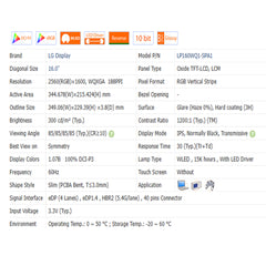 16.0“ 16:10 No Touch Brand New 2560*1600 Laptop LCD Screen Module EDP 40Pins LP160WQ1-SPA1/SPB2