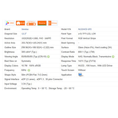 13.3“ 16:9 No Touch Brand New Innolux 1920*1080 Laptop LCD Screen Module EDP 30Pins N133HCE-G52/GP1/GP2/GA1/G62