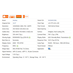 13.3“ 16:9 No Touch Brand New Innolux 1920*1080 Laptop LCD Screen Module 700:1 EDP 30Pins N133HCE-EN1/EAA