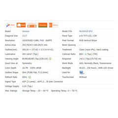 13.3“ 16:9 No Touch Brand New Innolux 1920*1080 Laptop LCD Screen Module 800:1 EDP 30Pins N133HCE-EN2/EP2