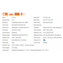 13.3“ 16:9 No Touch Brand New Innolux 1920*1080 Laptop LCD Screen Module 800:1 EDP 30Pins N133HCE-EPA/EBA