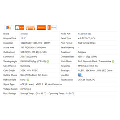 13.3“ On-Cell Touch, I²C Brand New 1920*1080 Laptop LCD Screen Module EDP 40Pins N133HCN-E51