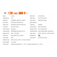 13.3“ On-Cell Touch, I²C Brand New 1920*1080 Laptop LCD Screen Module EDP 40Pins N133HCN-EA1