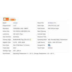 14.0“ No Touch 16:10 Innolux New 2240*1400 Laptop LCD Screen Module 1000:1  EDP 40Pins N140ACA-GT1/GE1