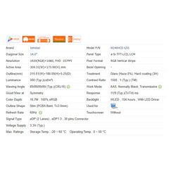 14.0“ No Touch 16:9 Innolux New 1920*1080 Laptop LCD Screen Module 1500:1  EDP 30Pins N140HCE-G51