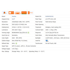 14.0“ On-Cell Touch, I²C 16:9 Innolux New 1920*1080 Laptop LCD Screen Module 1000:1  EDP 40Pins N140HCN-EBA/EA1