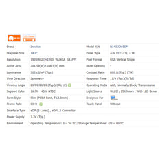 14.0“ No Touch 16:10 New 1920*1200  Laptop LCD Screen Module 800:1  EDP 30Pins N140JCA-EEP/EEQ