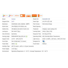 16.0“ No Touch 1000:1 Innolux New 2560*1600 Laptop LCD Screen Module EDP 40 pins N160GME-GTB/A