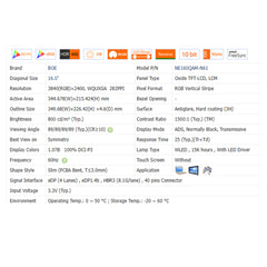 16.0“ 60HZ No Touch 1500:1 BOE New 3840*2400 Laptop LCD Screen Module EDP 40 pins NE160QAM-N61