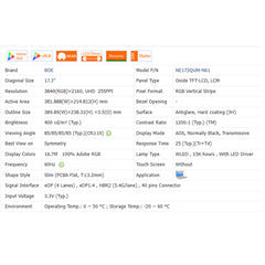 17.3“ No Touch 1200:1 BOE Brand New 3840*2160 Laptop LCD Screen Module 16:9 EDP 40Pins NE173QUM-N62/1