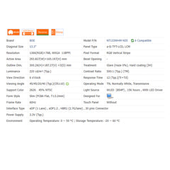 13.3“ 16:9 No Touch Brand New BOE 1366*768 Laptop LCD Screen Module 500:1 EDP 30Pins NT133WHM-N23/N21/N35
