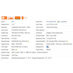 13.3“ 16:9 No Touch Brand New BOE 1366*768 Laptop LCD Screen Module 500:1 EDP 30Pins NT133WHM-N47
