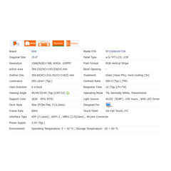 15.6“ On-Cell Touch, I²C 16:9 Brand New BOE 1366*768 Laptop LCD Screen Module 500:1 EDP 40Pins NT156WHM-T04