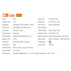 13.3“ 16:9 No Touch Brand New BOE 1920*1080 Laptop LCD Screen Module 1000:1 EDP 30Pins NV133WUM-N61/N63