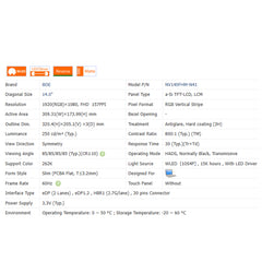 14.0“ No Touch 16:9 BOE New 1920*1080 Laptop LCD Screen Module 800:1  EDP 30Pins NV140FHM-N4Y/X/T/N/K/1/8