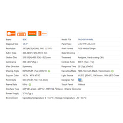 14.0“ No Touch 16:9 BOE New 1920*1080 Laptop LCD Screen Module 800:1  EDP 30Pins NV140FHM-N4V