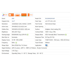 16.0“ No Touch 1200:1 BOE New 1920*1200 Laptop LCD Screen Module EDP 30 pins NV160WUM-NH3/0