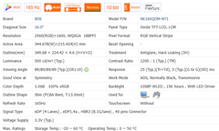 16.0“ 165HZ No Touch 1200:1 BOE New 2560*1600 Laptop LCD Screen Module EDP 40 pins NE160QDM-NY1/2/3/6/7/9